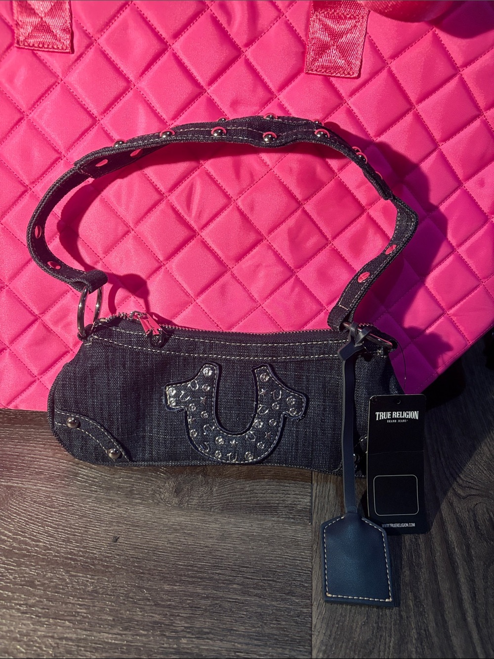 True Religion Denim Mini Shoulder Bag in Black with Studded Logo